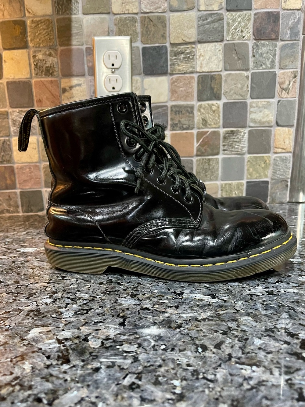 Dr. Martens Black Leather 1460 Lace-Up Boots with Yellow Welt Stitch 39/M7/W8
